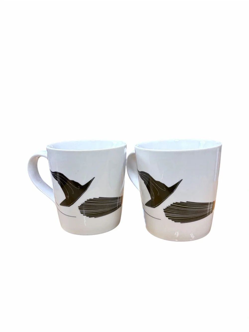 Crate&Barrel White Mugs with Black Cat and Broom - Set of 2